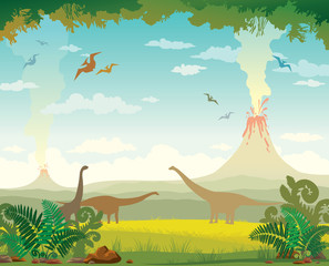 Sticker - Prehistoric landscape with volcanos and dinosaurs.