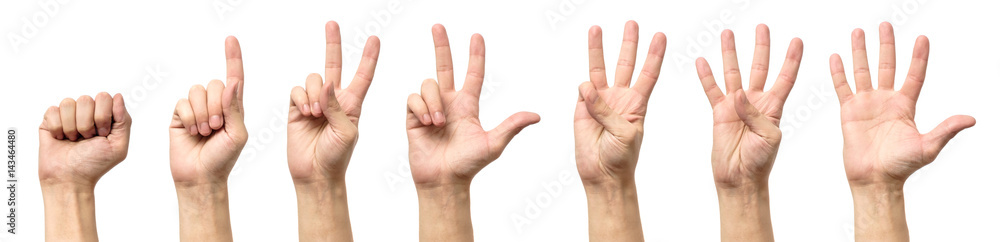 Male hands counting from zero to five isolated - obrazy, fototapety, plakaty 