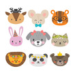 Cute animals with funny accessories. Set of hand drawn smiling characters. Cat, lion, dog, tiger, panda, deer, bunny, mouse and bear. Cartoon zoo