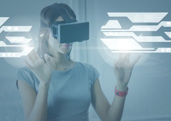 Wall Mural - Woman wearing VR Virtual Reality Headset with Interface