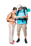 Fototapeta Las - couple travelers with backpacks and map on a white background