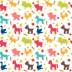  Seamless pattern with farm animals, vegetables, leaves and fruits. Cute background