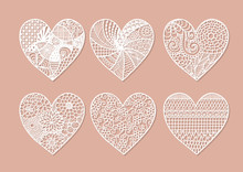 Set Stencil Lacy Hearts Uniquepattern. Template For Design Element Wedding Cards, Invitations, Etc. Image Suitable For Laser Cutting, Plotter Cutting Or Printing.