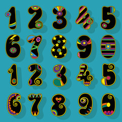 Numbers Set. Black Signs with Colorful Decor