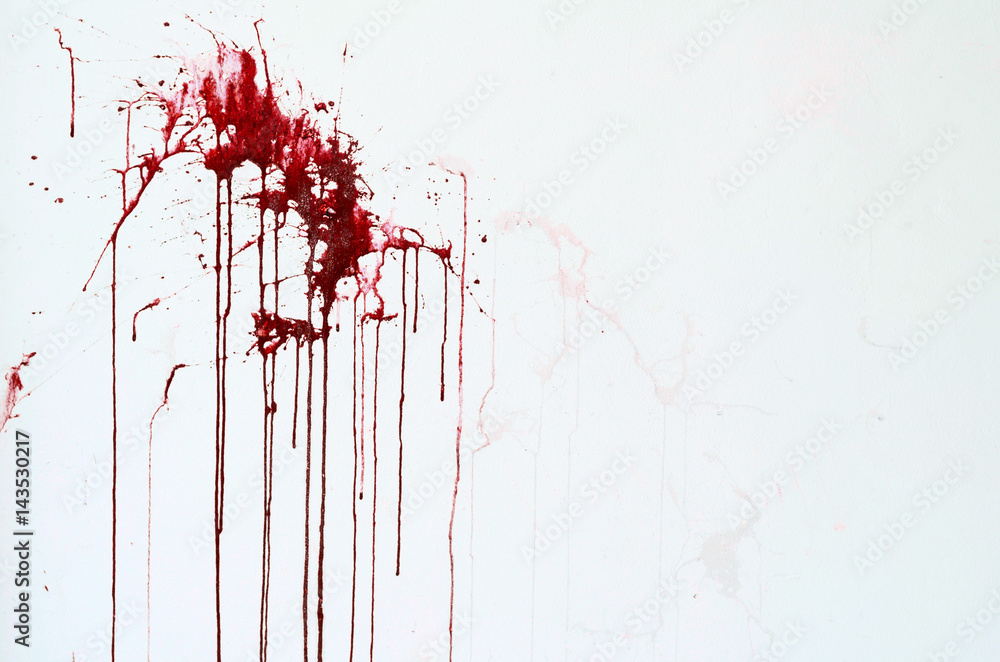 Background texture cement white wall with red blood-like paint streaks - obrazy, fototapety, plakaty 