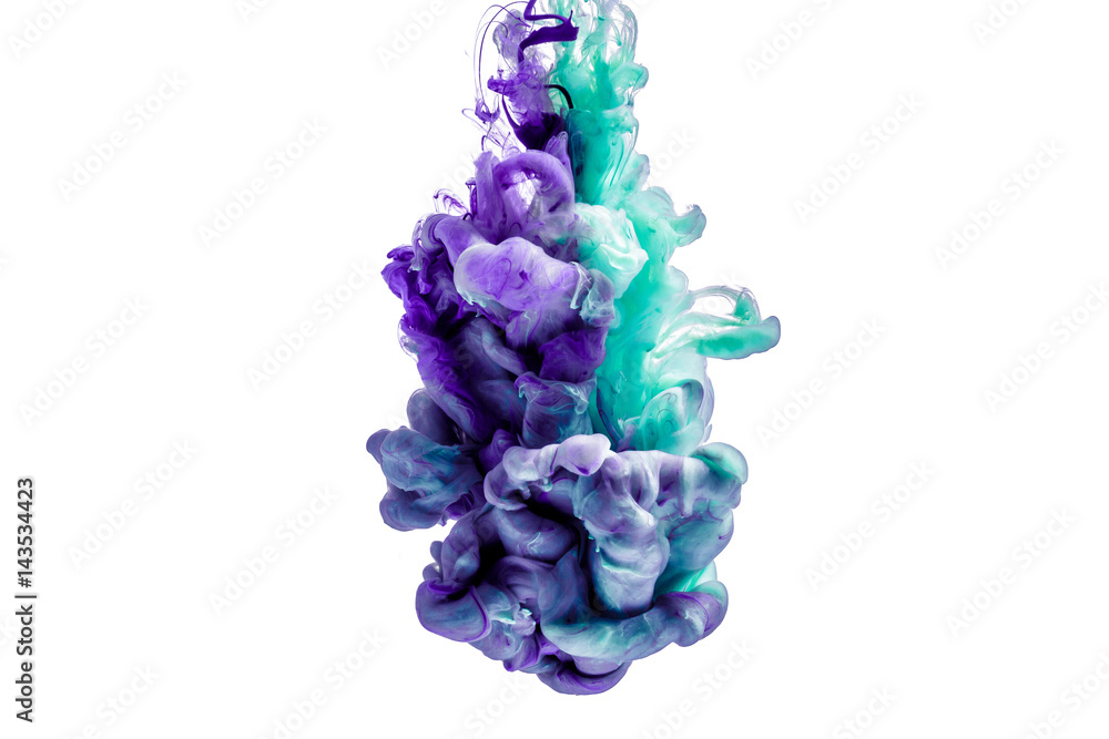 colorful ink isolated on white background. purple blue drop swirling under water. Cloud of ink in water.  - obrazy, fototapety, plakaty 