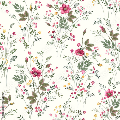 Photographie seamless floral pattern with roses and meadow flowers