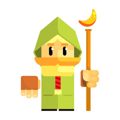 Poster - Cartoon dwarf in a green cape with staff in his hands. Fairy tale, fantastic, magical colorful character