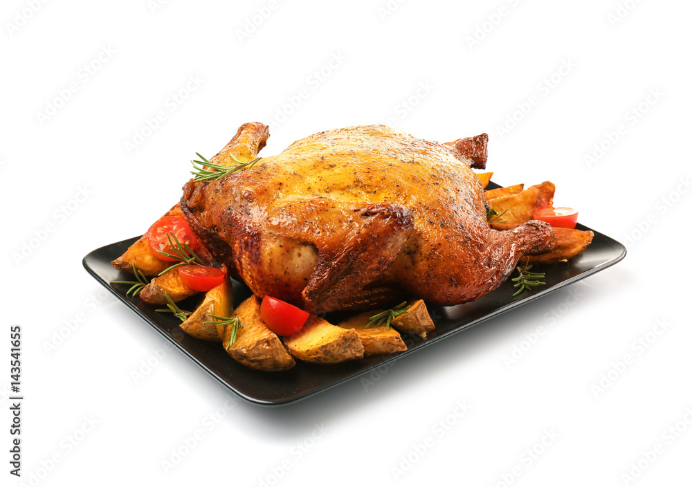 Plate with roasted beer can chicken on white background
