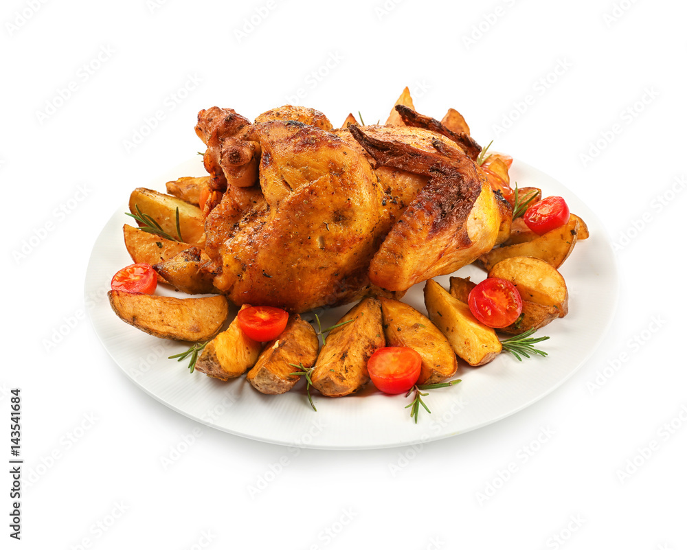 Plate with roasted beer can chicken on white background