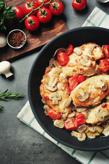 Canvas Print - Frying pan with delicious chicken marsala on table