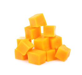 Wall Mural - Delicious pieces of cheddar on white background