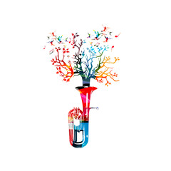 Colorful euphonium with treetop and music notes isolated vector illustration. Music instrument background for poster, brochure, banner, flyer, concert, music festival