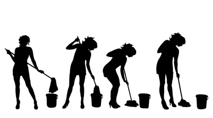 Poster - Vectro silhouette of woman who cleans on white background.