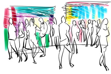 crowd walking cartoon sketch