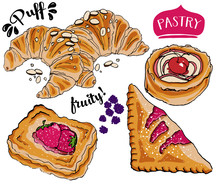 Puff Pastry, Including French Almond Croissants, Cherry Turnover, Fruit Shells And Danish Jam-filled Pastry