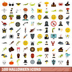 Poster - 100 halloween icons set, flat style