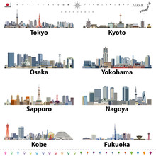 Vector Illustration Of Japanese City Skylines With Location, Navigation And Travel Icons; Flag And Map Of Japan