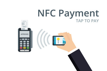 Wall Mural - Mobile Payment and NFC technology concept. Pos terminal confirms payment from smartphone. Flat style vector illustration.