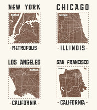 Set Of US Cities Vintage T-shirt Designs.Vector Illustration.