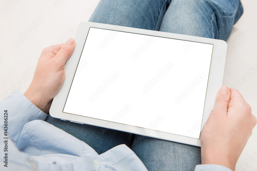 Tablet white background holding woman concept. Stock Photo | Adobe Stock