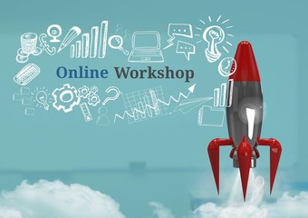 Wall Mural - 3D Rocket flying and Online Workshop text with drawings graphics