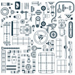Spare parts for building machines, devices, apparatus in doodle style. Monochrome vector illustration.