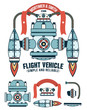 Fantastic flying machine as a logo with ribbon and inscriptions. Spare parts are included.
Colored Vector illustration. 