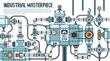 incredible complex industrial machine with pipes, valves, hoses, mechanisms, apparatus. spare parts 