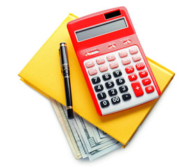 Poster - Red calculator, pen and yellow notepad with banknotes on white background