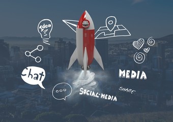 Poster - 3D Rocket flying over city with social media drawings graphics