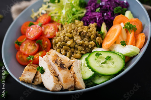 Healthy Salad With Chicken Tomatoes Cucumber Lettuce Carrot Celery Red Cabbage And Mung Bean On Dark Background Proper Nutrition Dietary Menu Buy This Stock Photo And Explore Similar Images At Adobe