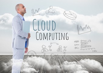 Wall Mural - man with laptop and cloud computing text with drawings graphics