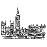 Fototapeta Londyn - Big Ben and westminster bridge in London - vector illustration sketch hand drawn isolated on white background