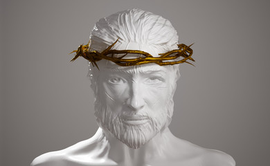 Wall Mural - Jesus Christ  Porcelain Statue with Gold Crown of Thorns 3D Rendering Front Side