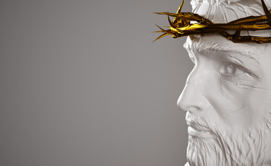 Wall Mural - Jesus Christ Porcelain Statue with Gold Crown of Thorns 3D Rendering Side Angle Empty Space