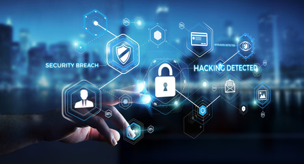 Fototapete - Businessman using antivirus to block a cyber attack 3D rendering