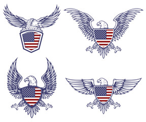 Wall Mural - Set of the emblems with eagles on usa flag background. Design elements for logo, label, emblem, sign. Vector illustration