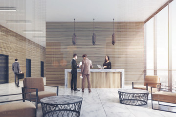 Wall Mural - Wooden reception, marble floor, front, people