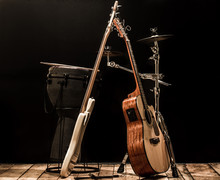 Musical Instruments, Acoustic Guitar And Bass Guitar And Percussion Instruments Drums