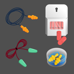 Noise, dust, water protection ear plugs of different construction. Vector illustration set of silicone and foam earplugs for medical use, airplane, sleep, gun shooting, pool swimming, hard working.