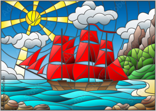 Obraz w ramie Illustration in stained glass style with sailboats with red sails against the sky, the sea and the sunrise