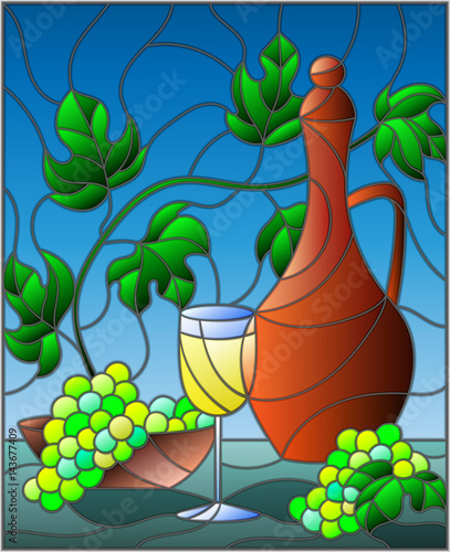 ilustracja-w-witrazu-styl-malowania-z-martwa-natura-dzbanek-wina-szkla-i-winogron-na-niebieskim-tle