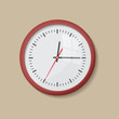 Realistic round red wall clock isolated on a beige backgound. Modern analog clock hanging on the wall.