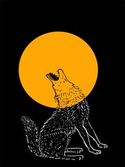 Poster - Howling wolf at the full moon, illustration