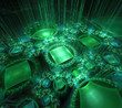 Black and green background. Emerald polygons and circles with blurred stripes. Square matrix effect. Surface with rays and sparkling turquoise jewellry in dark 3d space.
