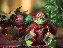 Green Frog Dressed In Winter Coat Sitting In Front Of Xmas Tree And Bowl Of Decorations