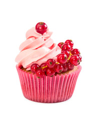 Wall Mural - Cupcake with pink cream and red currant