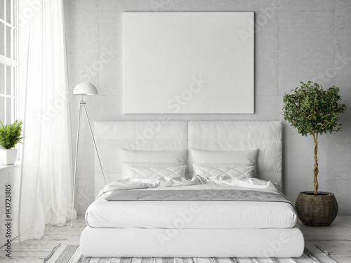 Fotografía Mock up poster in white bedroom, 3d illustration
