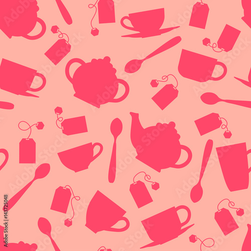 Tapeta ścienna na wymiar Tea drinking. Seamless background from the silhouette of kitchen utensils. Pattern